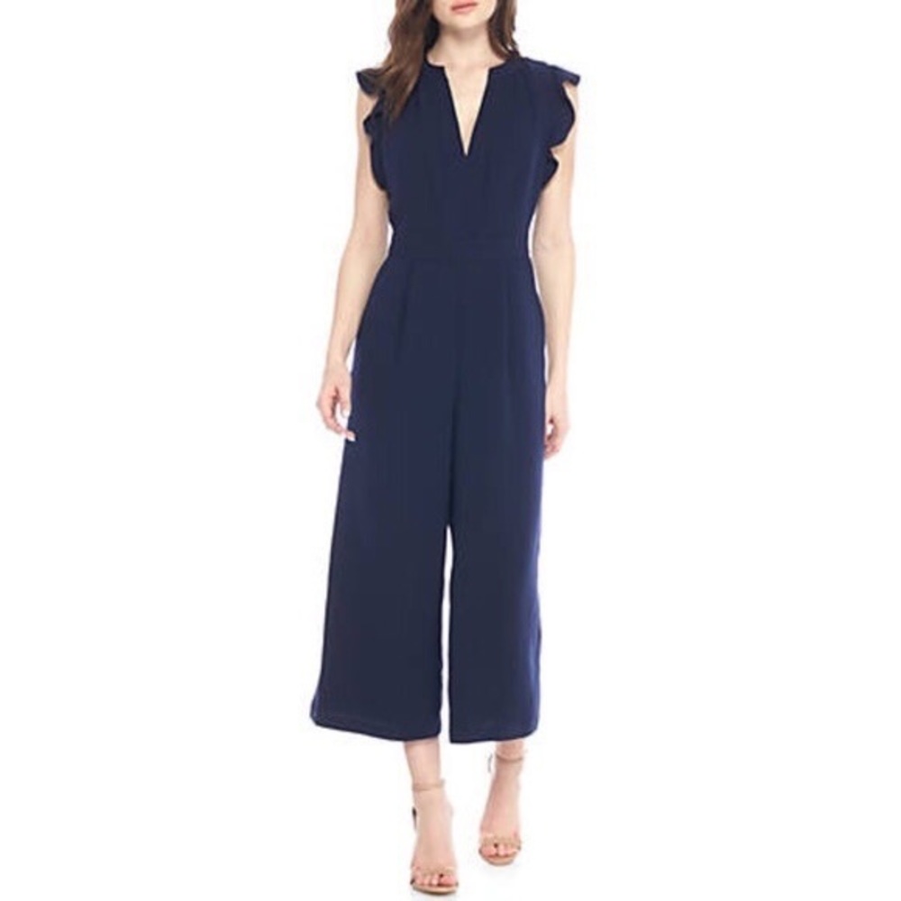 Vince Camuto Ruffle Wide Leg Crop Jumpsuit in Navy Size 16 NEW